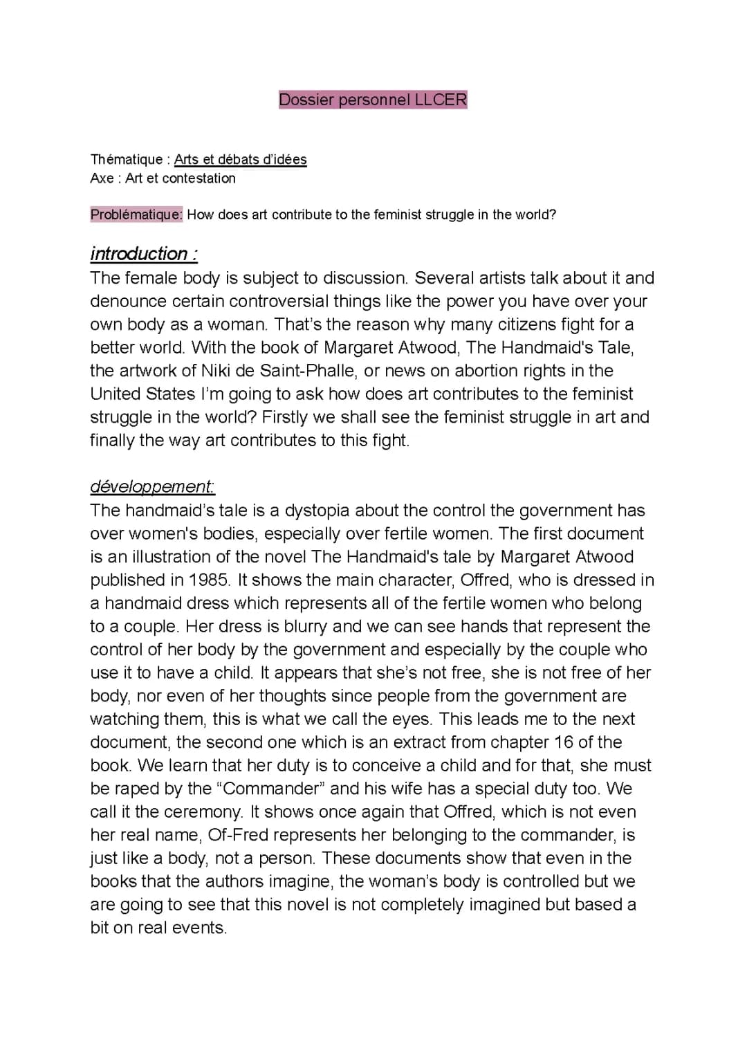LLCE Oral Guide for Terminale: Art and Ideas, Feminist Art, and The Handmaid's Tale
