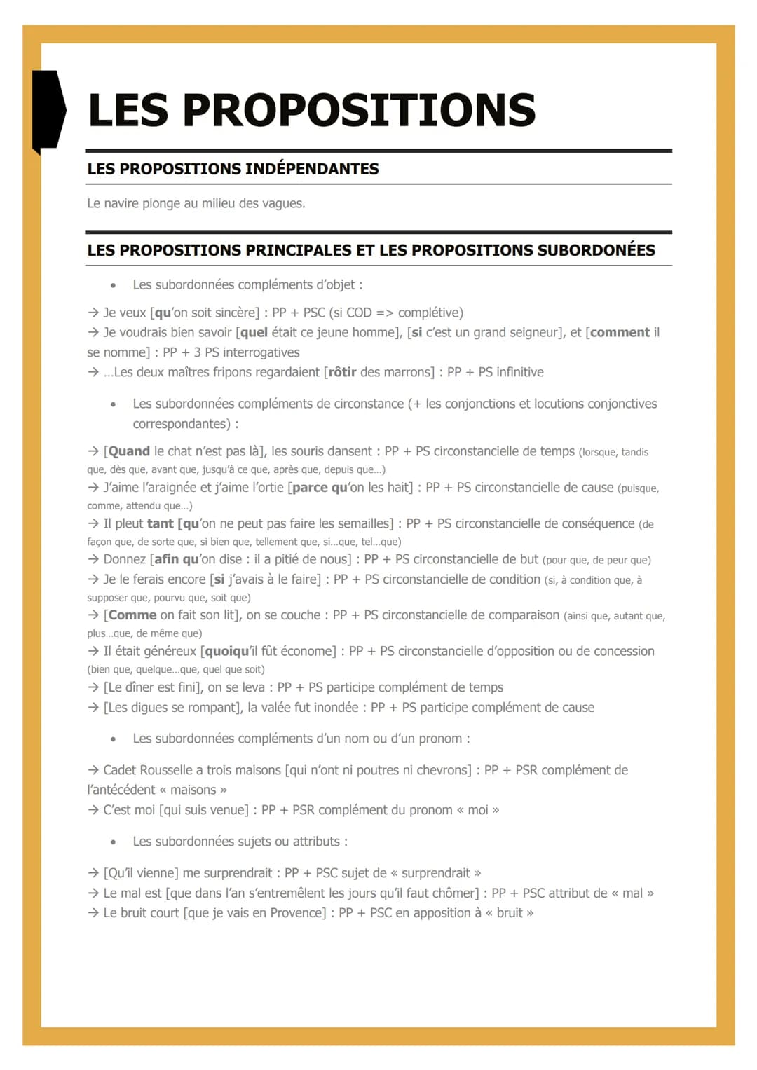 LES
PROPOSITIONS
LES PROPOSITIONS INDÉPENDANTES
Le navire plonge au milieu des vagues.
LES PROPOSITIONS PRINCIPALES ET LES PROPOSITIONS SUBO