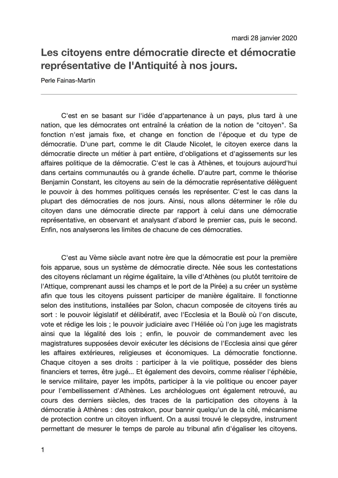 mardi 28 janvier 2020
Les citoyens entre démocratie directe et démocratie
représentative de l'Antiquité à nos jours.
Perle Fainas-Martin
C'e