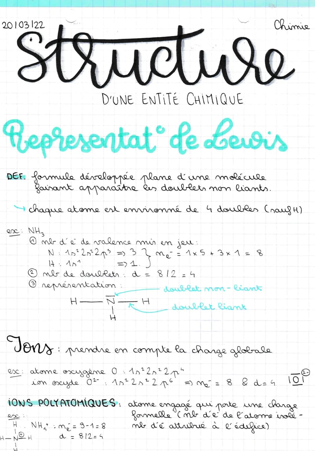 Structure
D'UNE ENTITE CHIMIQUE
Representat de Lewis
DEF. formule développée plane d'une molécule
faisant apparaître les doublets non liants