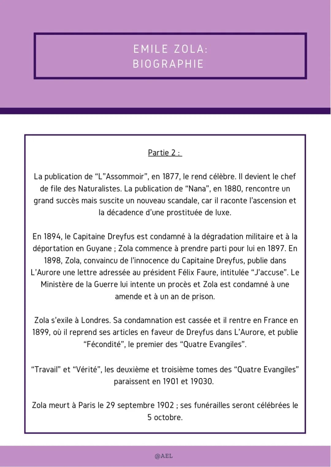 EMILE ZOLA:
BIOGRAPHIE
Partie 2:
La publication de "L"Assommoir", en 1877, le rend célèbre. Il devient le chef
de file des Naturalistes. La 