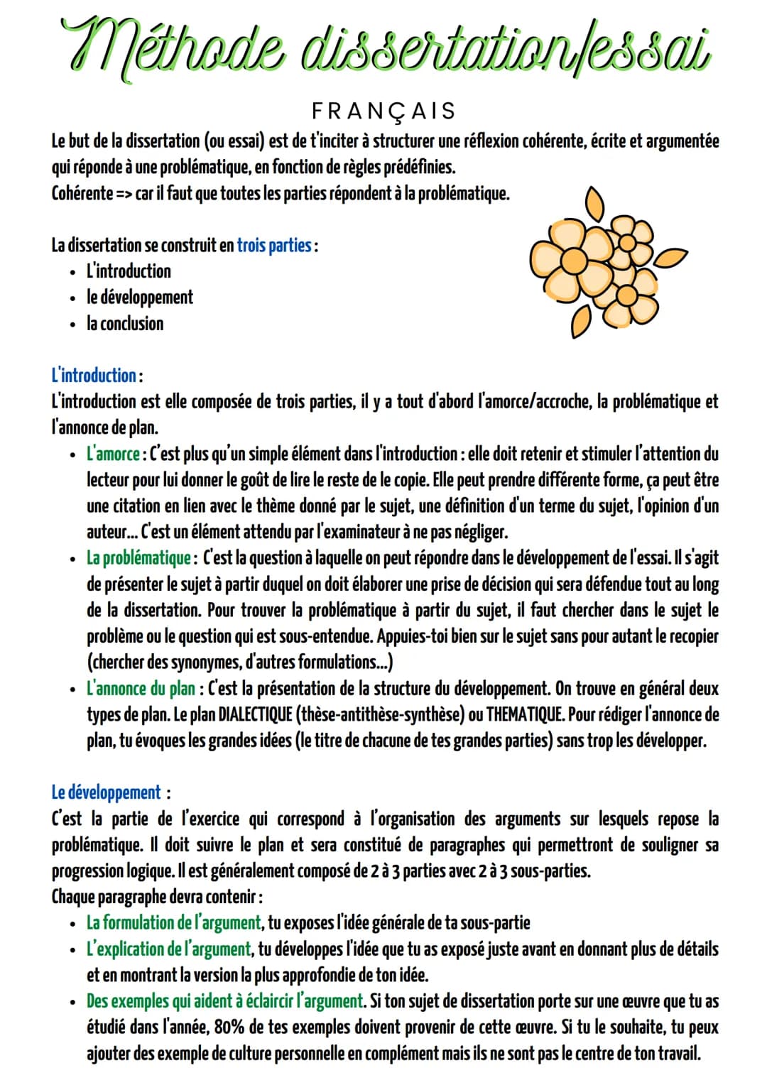 Méthode dissertation/essai
FRANÇAIS
Le but de la dissertation (ou essai) est de t'inciter à structurer une réflexion cohérente, écrite et ar