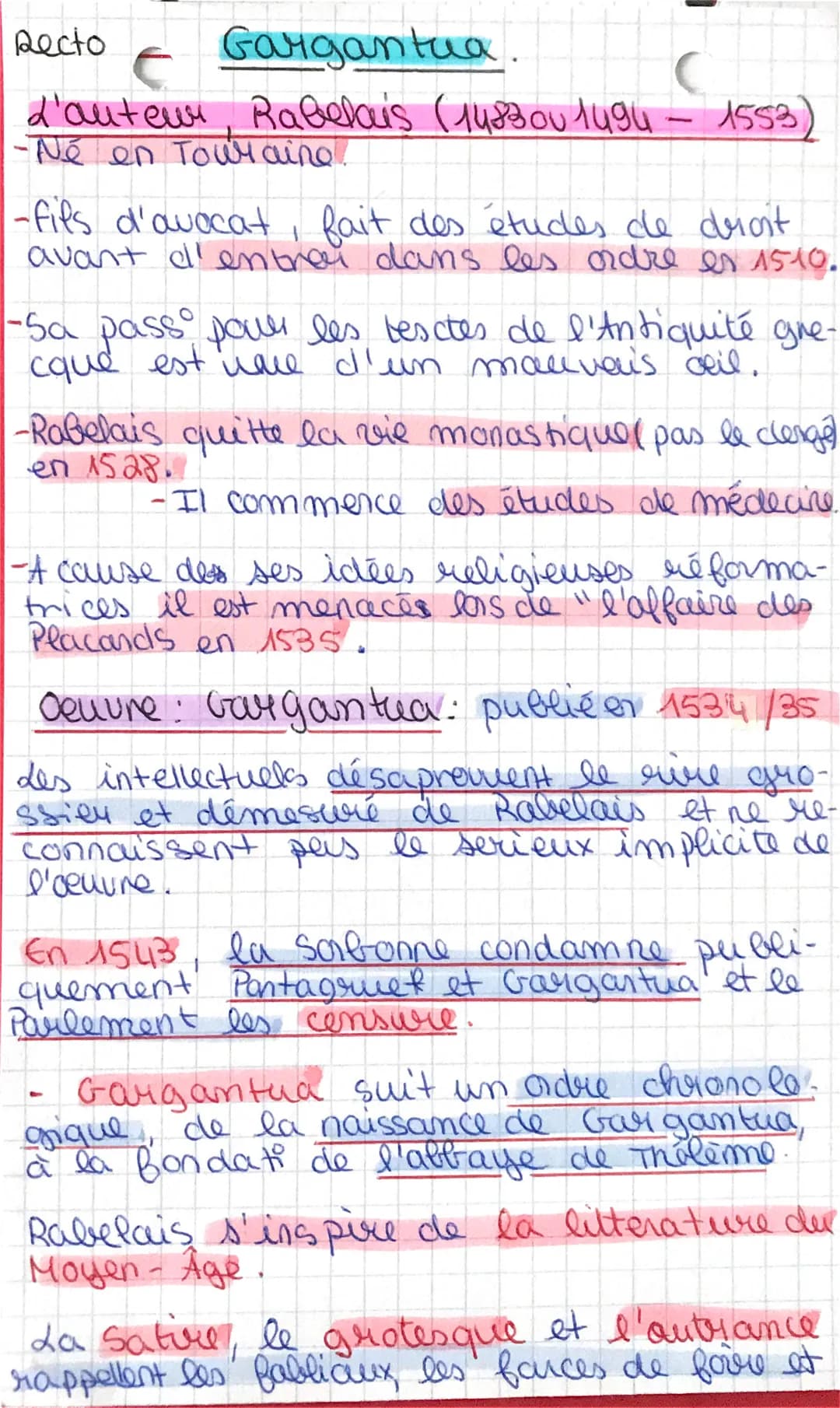 Recto Gargantua.
d'auteur, Rabelai's (1483 00 1494 - 1553
-Né en Touraino.
-fils d'avocat, fait des études de droit
avant d'entrer dans les 