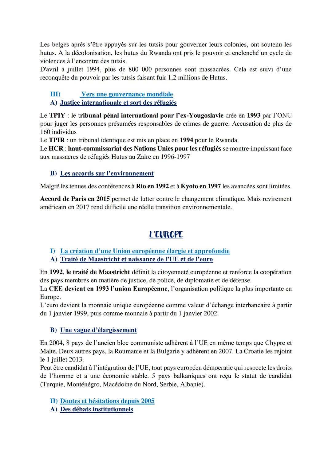 # Le monde, l'Europe et la France depuis les années 90 entre
coopérations et conflits

LE MONDE

I) Entre espoirs de paix et nouvelles confl