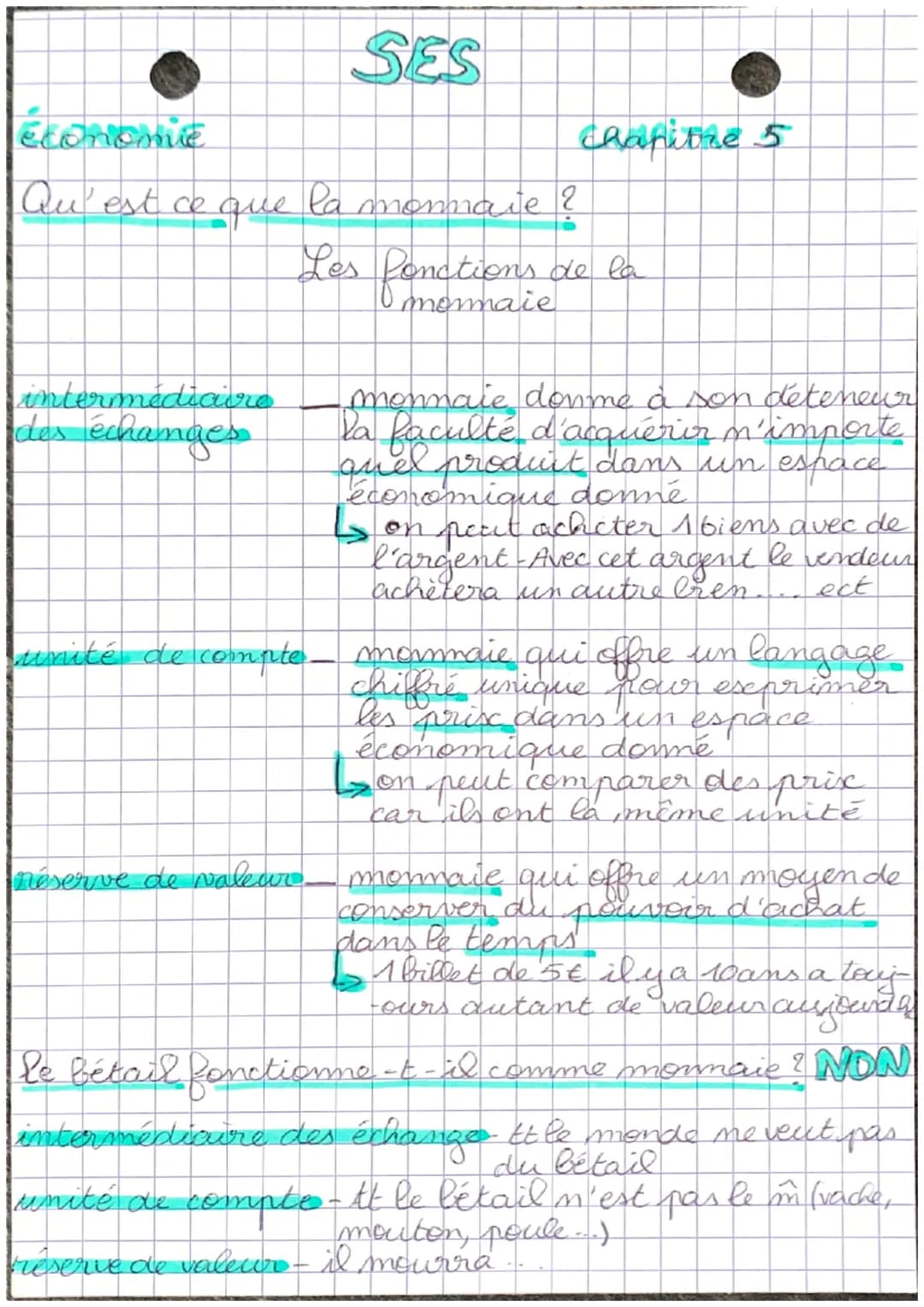 économie
Qu'est ce
que
intermédiaire
des échanges
SES
chapitre 5
la
mommare?
Les fonctions de la
réserve de valeur.
monnaie donme à son déte