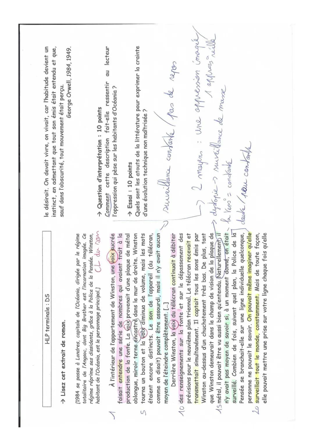 HLP terminale : DS
→ Lisez cet extrait de roman.
[1984 se passe à Londres, capitale de l'Océania, dirigée par le régime
totalitaire de l'Ang
