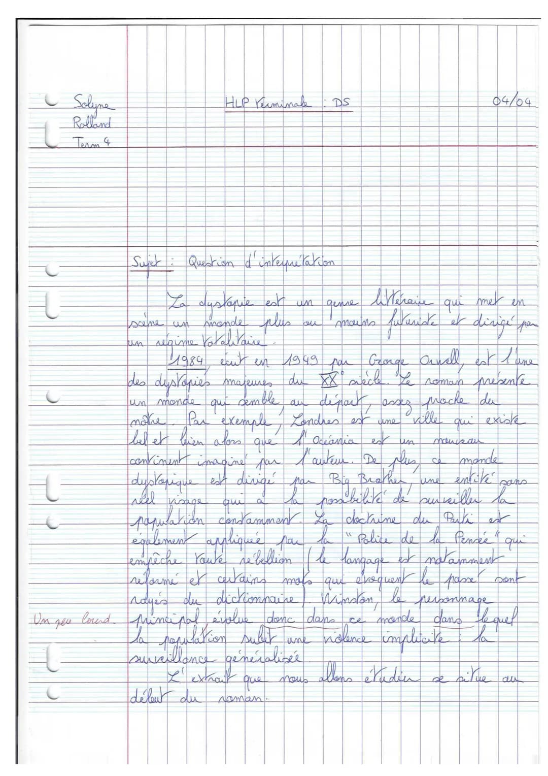 HLP terminale : DS
→ Lisez cet extrait de roman.
[1984 se passe à Londres, capitale de l'Océania, dirigée par le régime
totalitaire de l'Ang