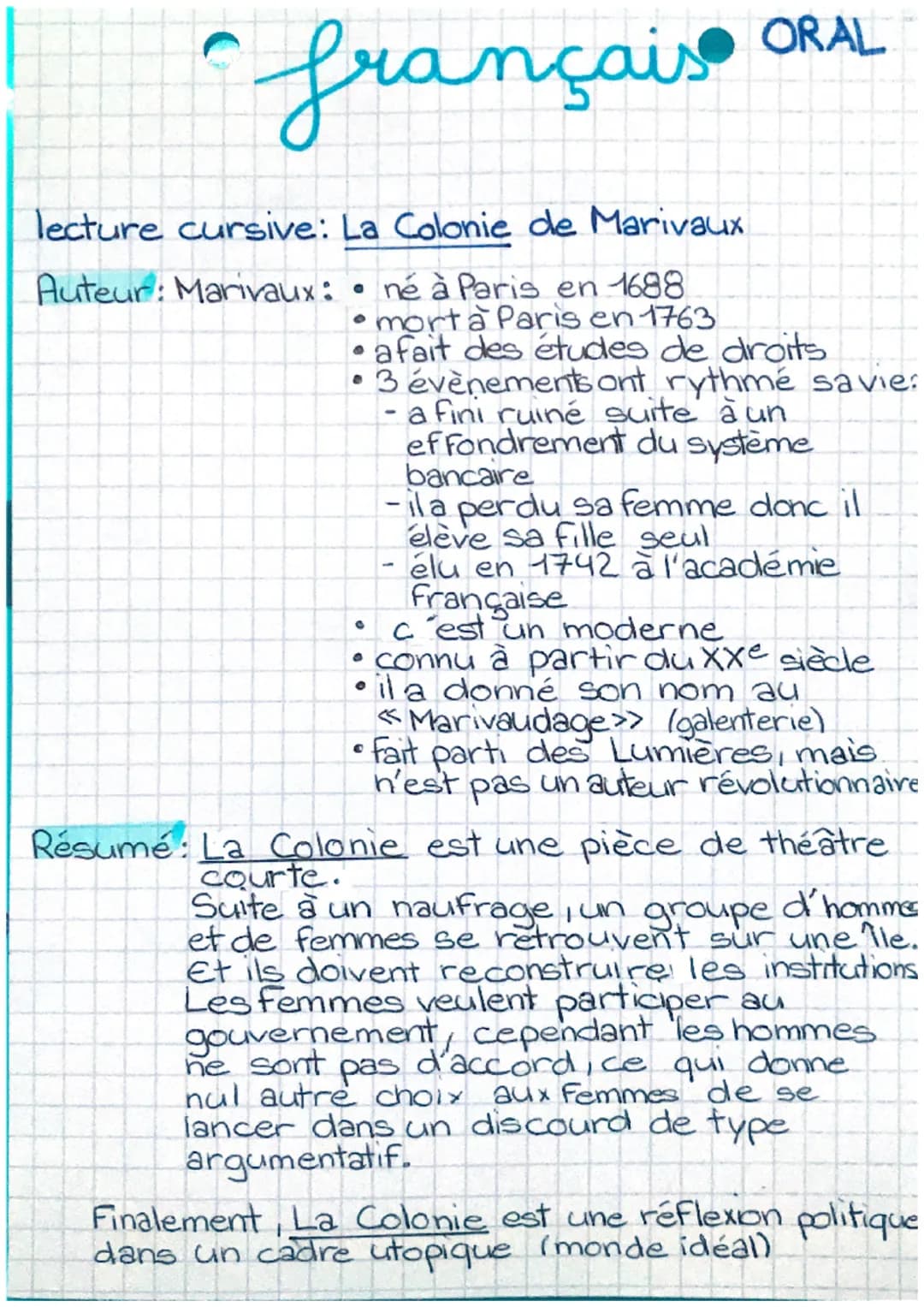 français
lecture cursive: La Colonie de Marivaux
Auteur: Marivaux: né à Paris en 1688
morta Paris en 1763
ORAL
a fait des études de droits
•