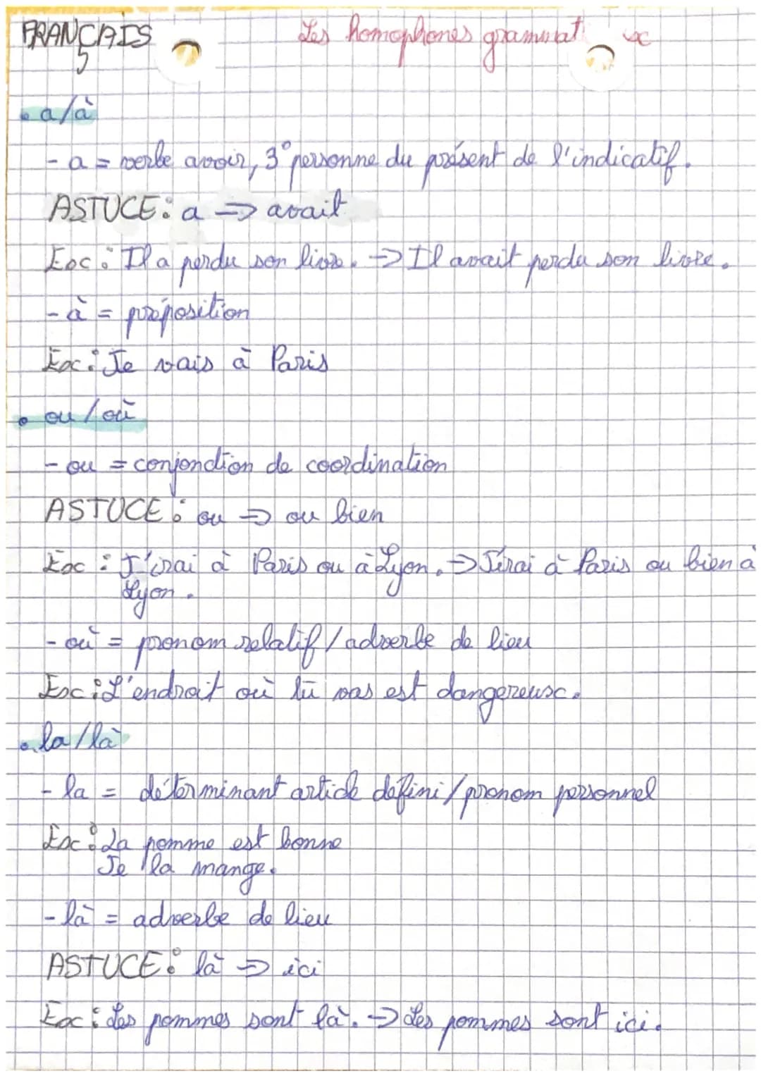 FRANCAIS
5
ba/a
Fa=
ites homophones gramulet
perbe avoir, 3⁰ personne du présent de l'indicatif
ASTUCE: a avait
Foc. Il a perdu
- à = prépos