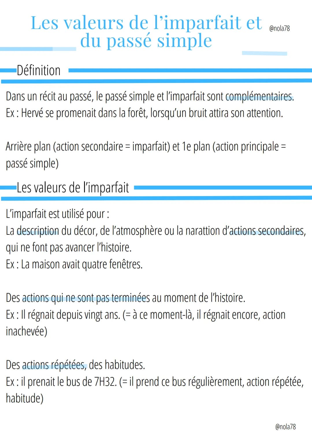 Les valeurs de l'imparfait etnola78
du passé simple
Définition
Dans un récit au passé, le passé simple et l'imparfait sont complémentaires.
