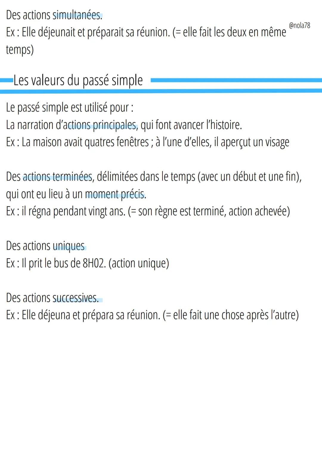 Les valeurs de l'imparfait etnola78
du passé simple
Définition
Dans un récit au passé, le passé simple et l'imparfait sont complémentaires.

