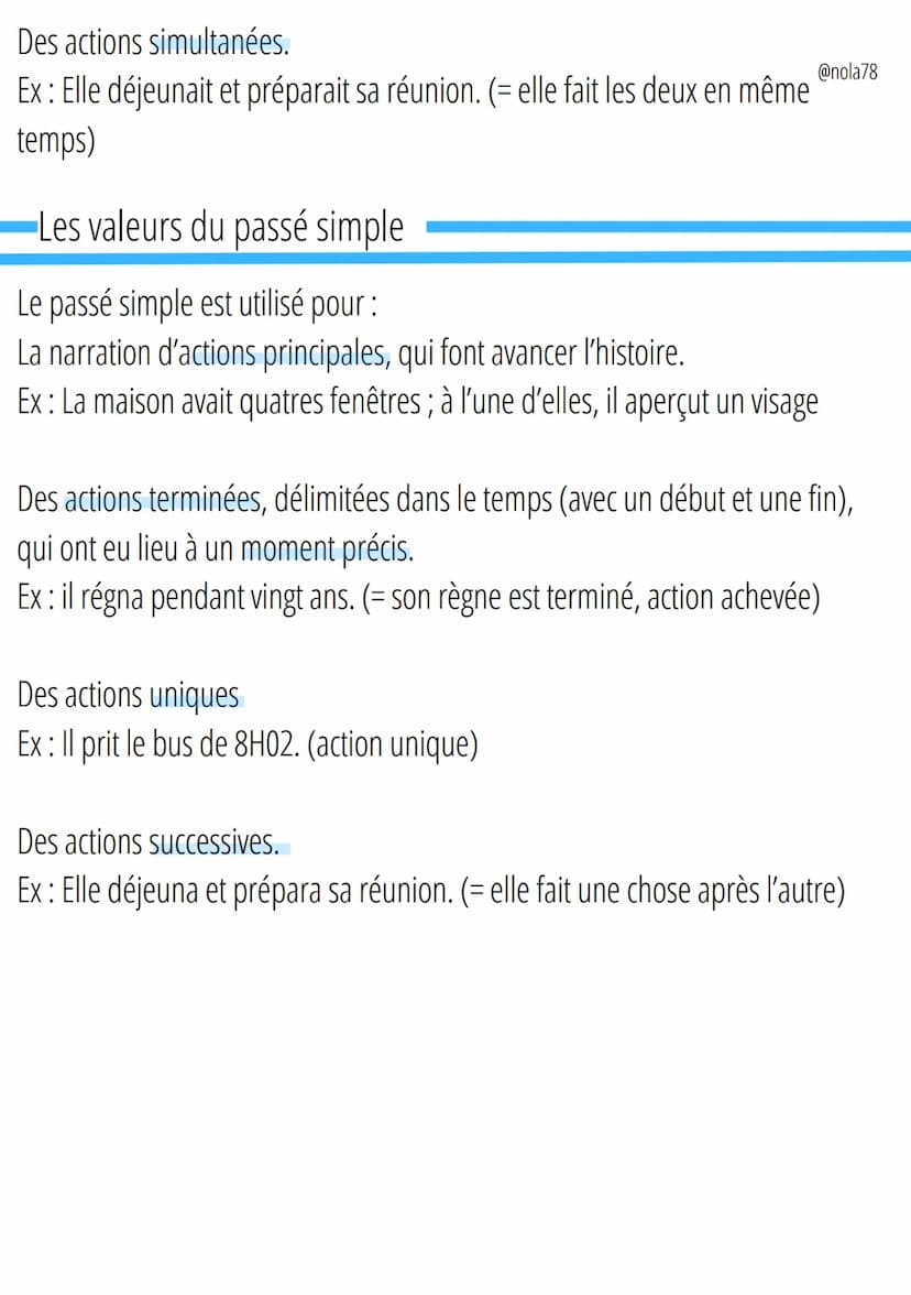 Les valeurs de l'imparfait etnola78
du passé simple
Définition
Dans un récit au passé, le passé simple et l'imparfait sont complémentaires.
