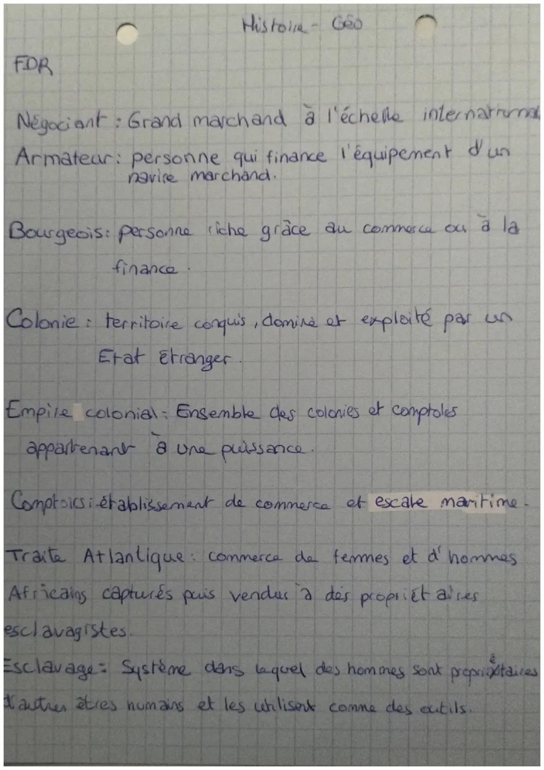 Fiche de révision 4eme histoire, chapitre sur l'esclavage 