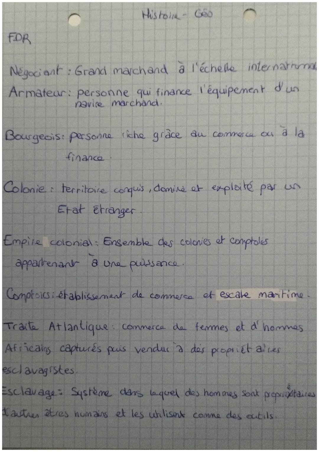 FOR
Histoire-Géo
Negociant: Grand march and à l'échelle international
Armatear: personne qui finance l'équipement d'un
navire marchand.
Bour