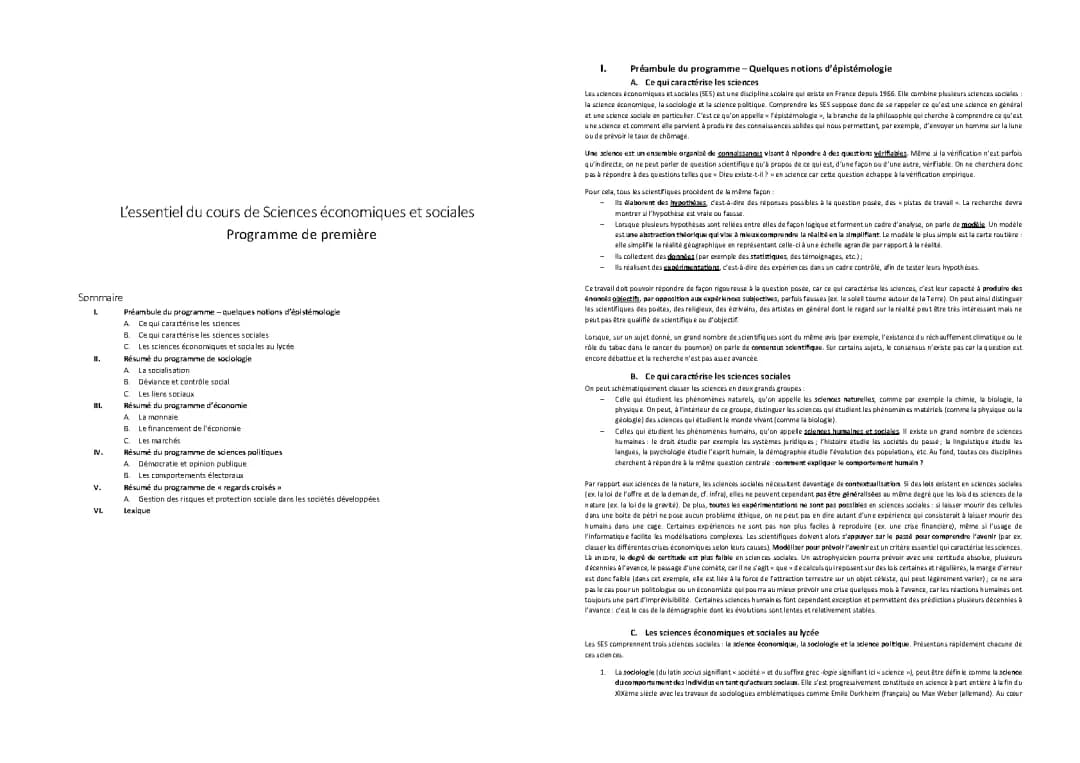 ensemble des connaissances SES première 