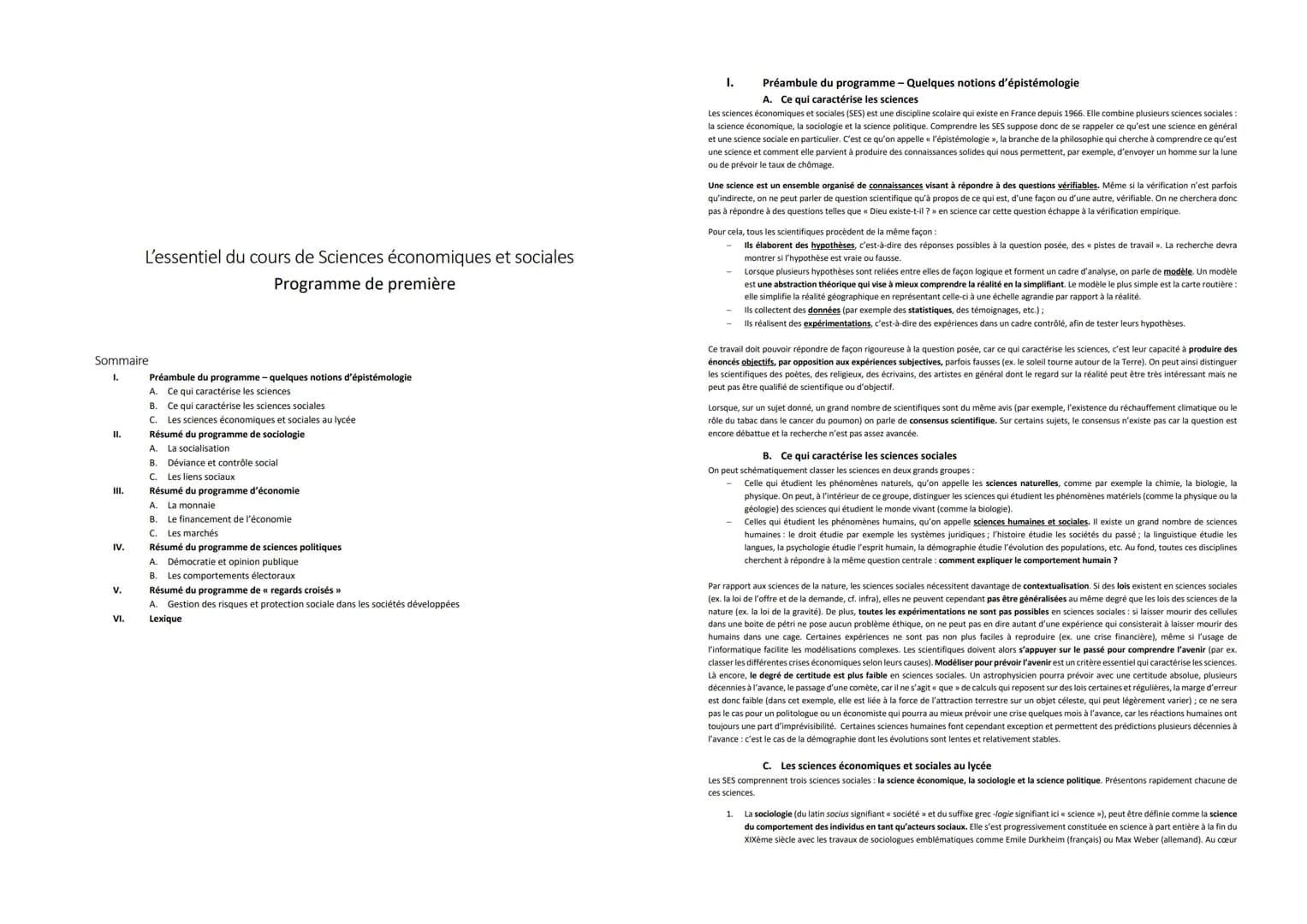 Sommaire
1.
II.
III.
IV.
V.
L'essentiel du cours de Sciences économiques et sociales
Programme de première
VI.
Préambule du programme - quel