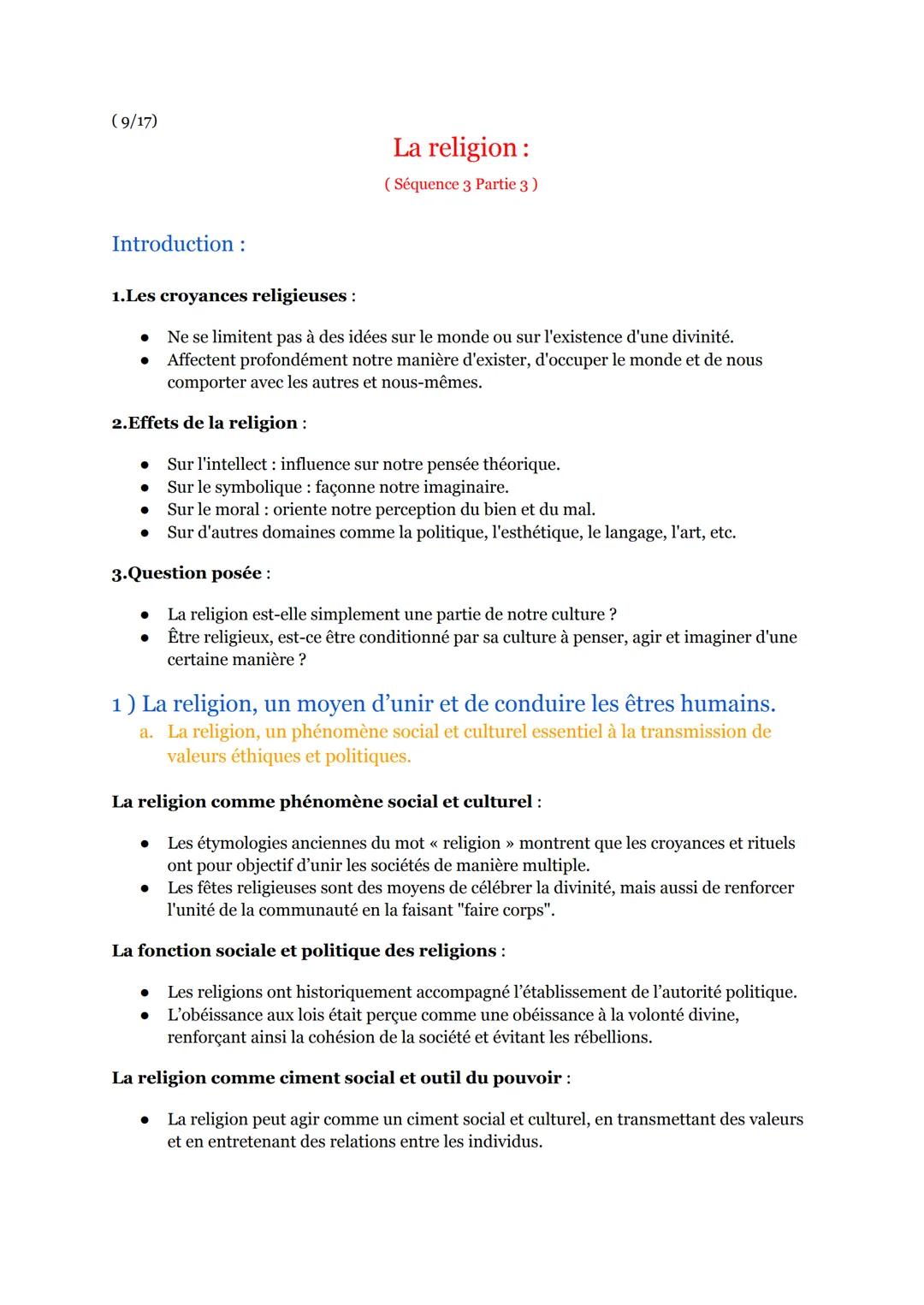 (9/17)
La religion :
(Séquence 3 Partie 3)
Introduction :
1.Les croyances religieuses :
• Ne se limitent pas à des idées sur le monde ou sur