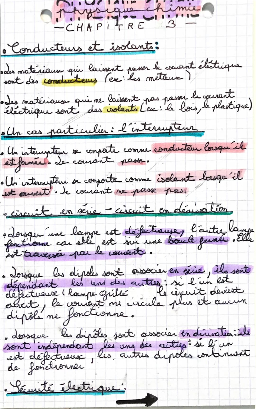 physique chimie
-CHAPITRE
3
• Conducteurs et isolants:
• des matériaux qui laissent passer le courant électrique
sont des conductems (ex: le