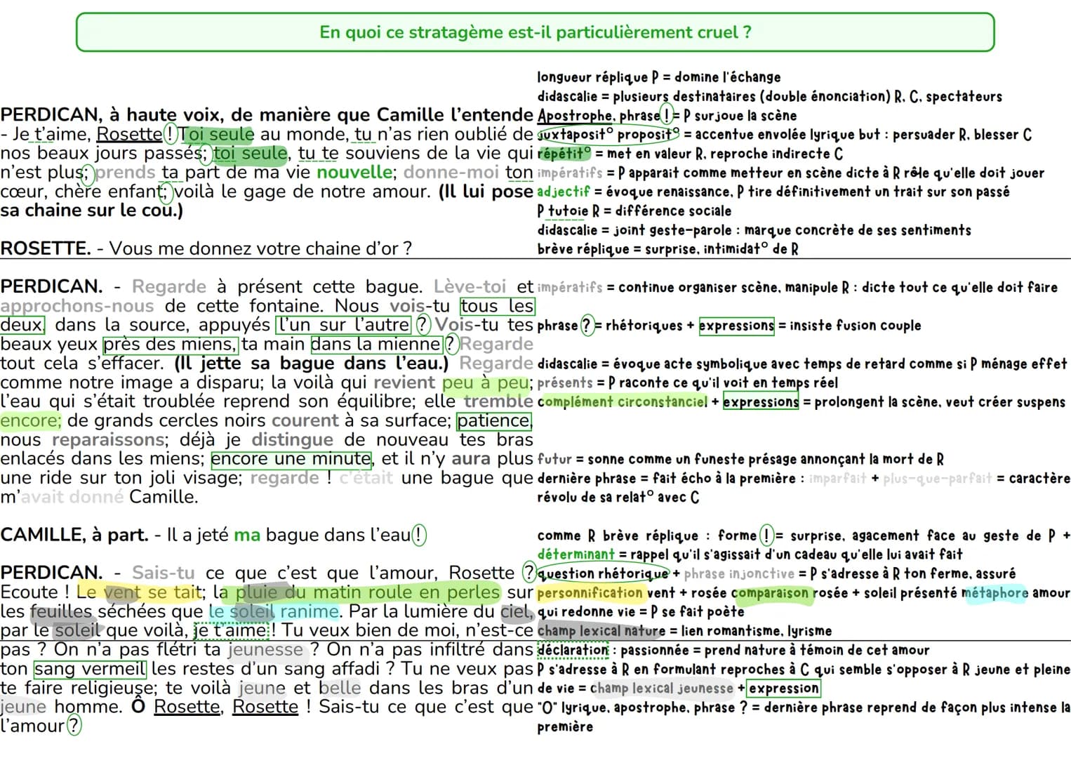 # En quoi ce stratagème est-il particulièrement cruel ?
longueur réplique P = domine l'échange
didascalie = plusieurs destinataires (double 