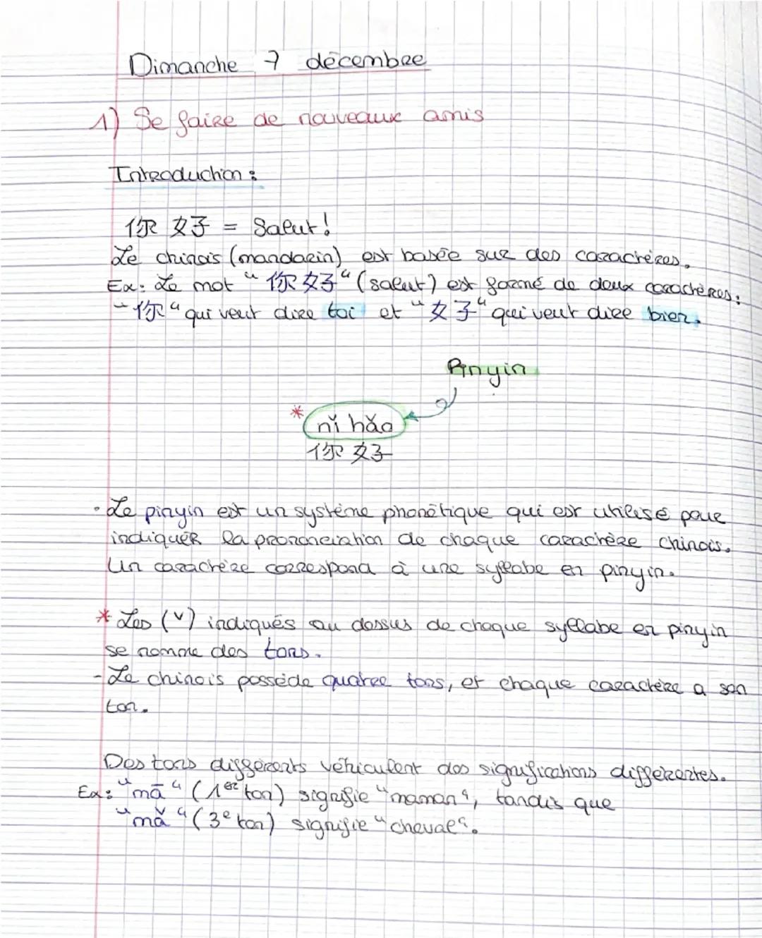 Dimanche décembre

1) Se faire de nouveaux amis

Introduchion:

你好 = Salut!
Le chinois (mandarin) est basée sur des caractères.
Ex: Le mot“你