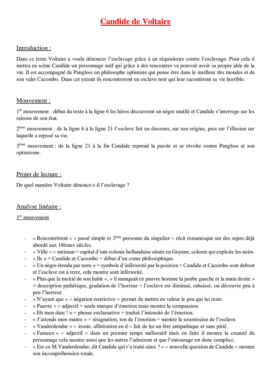 Introduction :
Dans ce texte Voltaire a voulu dénoncer l'esclavage grâce à un réquisitoire contre l'esclavage. Pour cela il
mettra en scène 