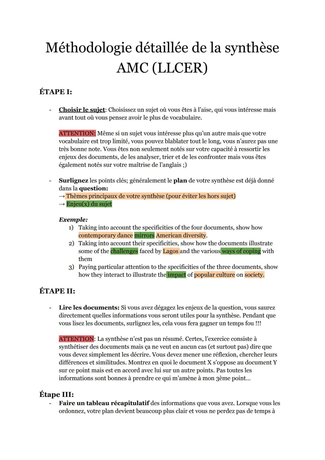 Méthodologie détaillée de la synthèse
AMC (LLCER)
ÉTAPE I:
Choisir le sujet: Choisissez un sujet où vous êtes à l'aise, qui vous intéresse m