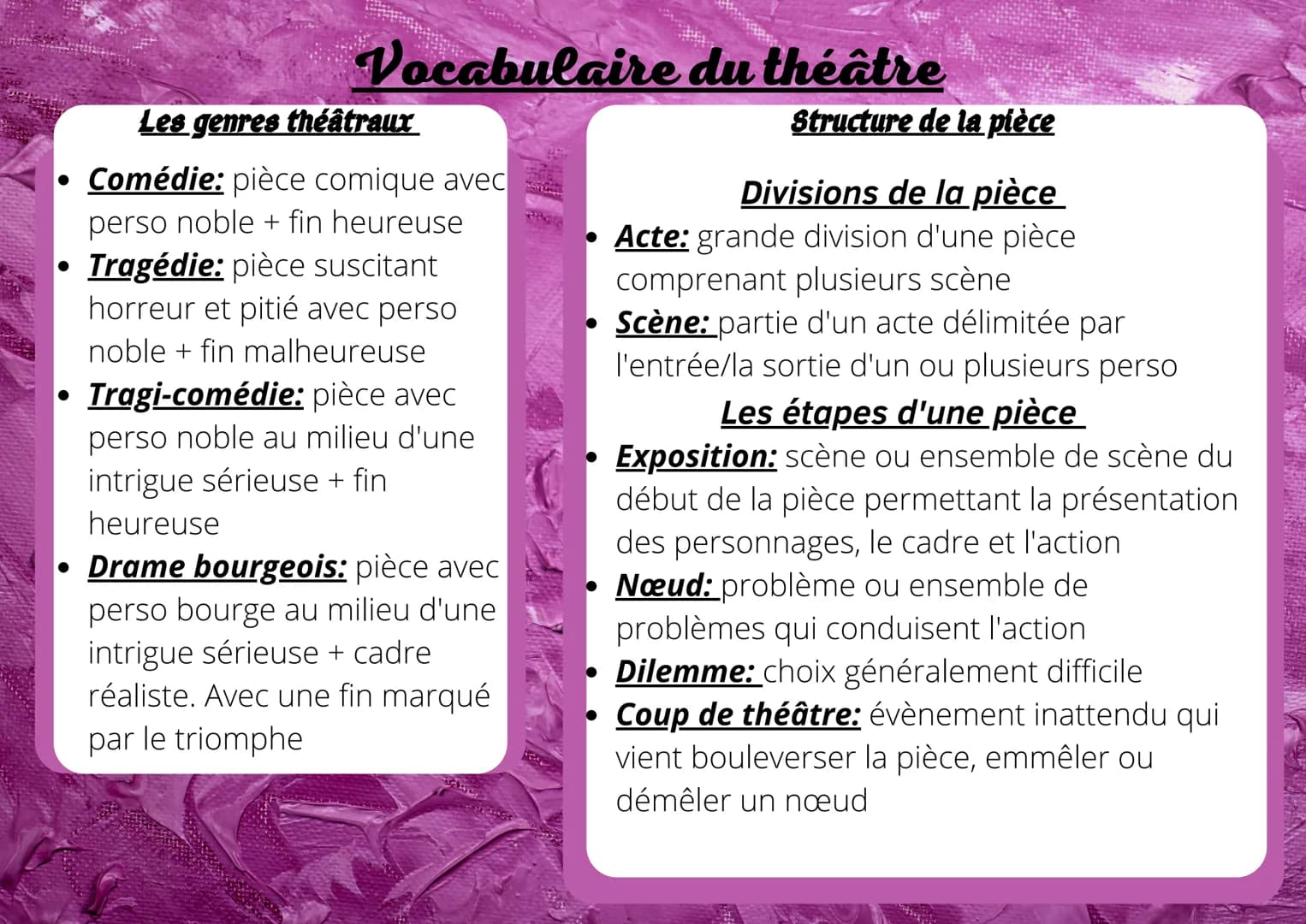 Les genres théâtraux
• Comédie: pièce comique avec
perso noble + fin heureuse
Tragédie: pièce suscitant
horreur et pitié avec perso
noble + 