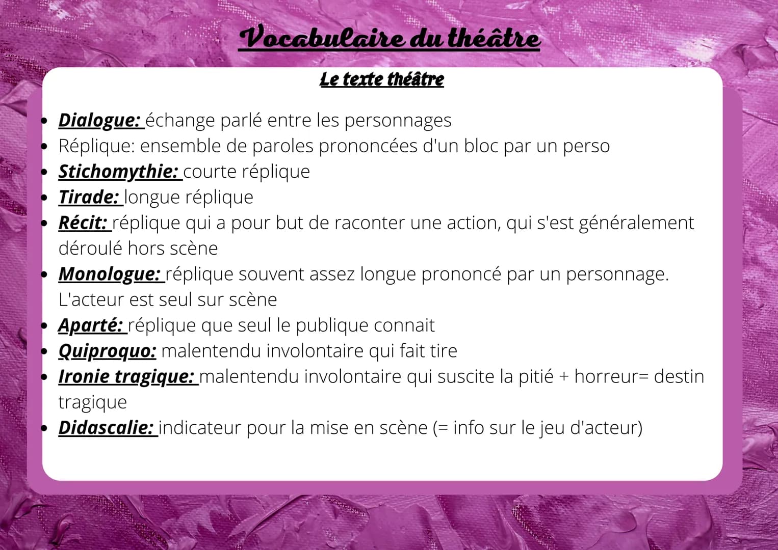 Les genres théâtraux
• Comédie: pièce comique avec
perso noble + fin heureuse
Tragédie: pièce suscitant
horreur et pitié avec perso
noble + 