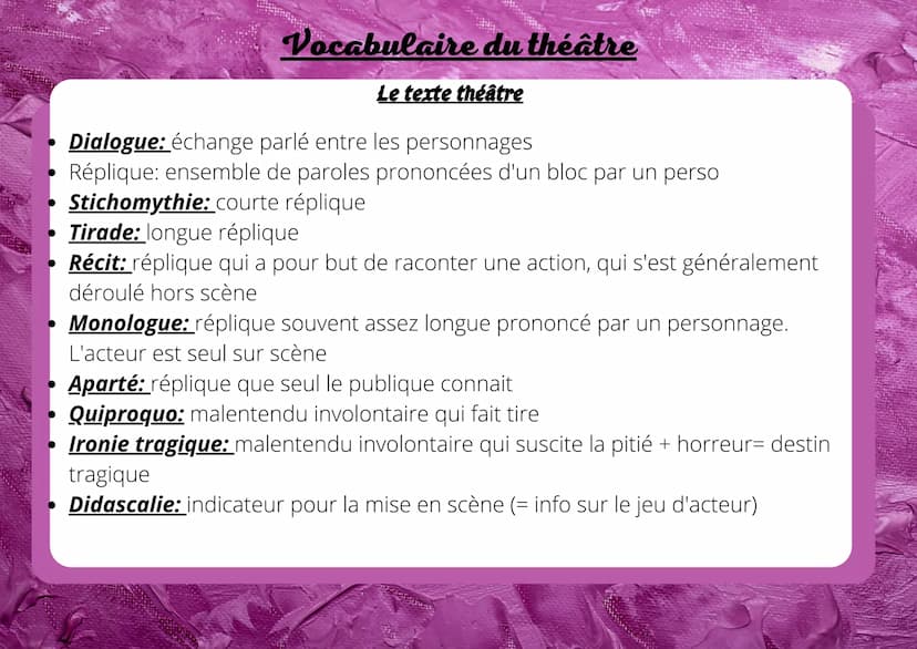 Les genres théâtraux
• Comédie: pièce comique avec
perso noble + fin heureuse
Tragédie: pièce suscitant
horreur et pitié avec perso
noble + 