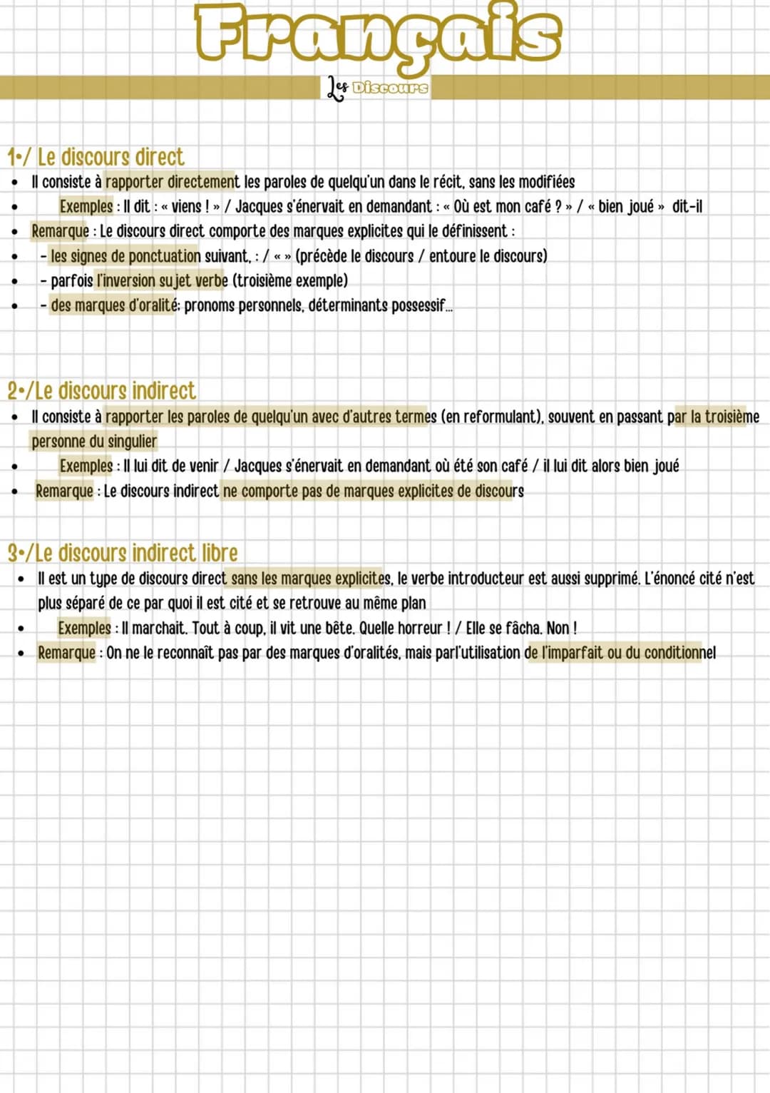 Français
Discours
1./ Le discours direct
• Il consiste à rapporter directement les paroles de quelqu'un dans le récit, sans les modifiées
Ex