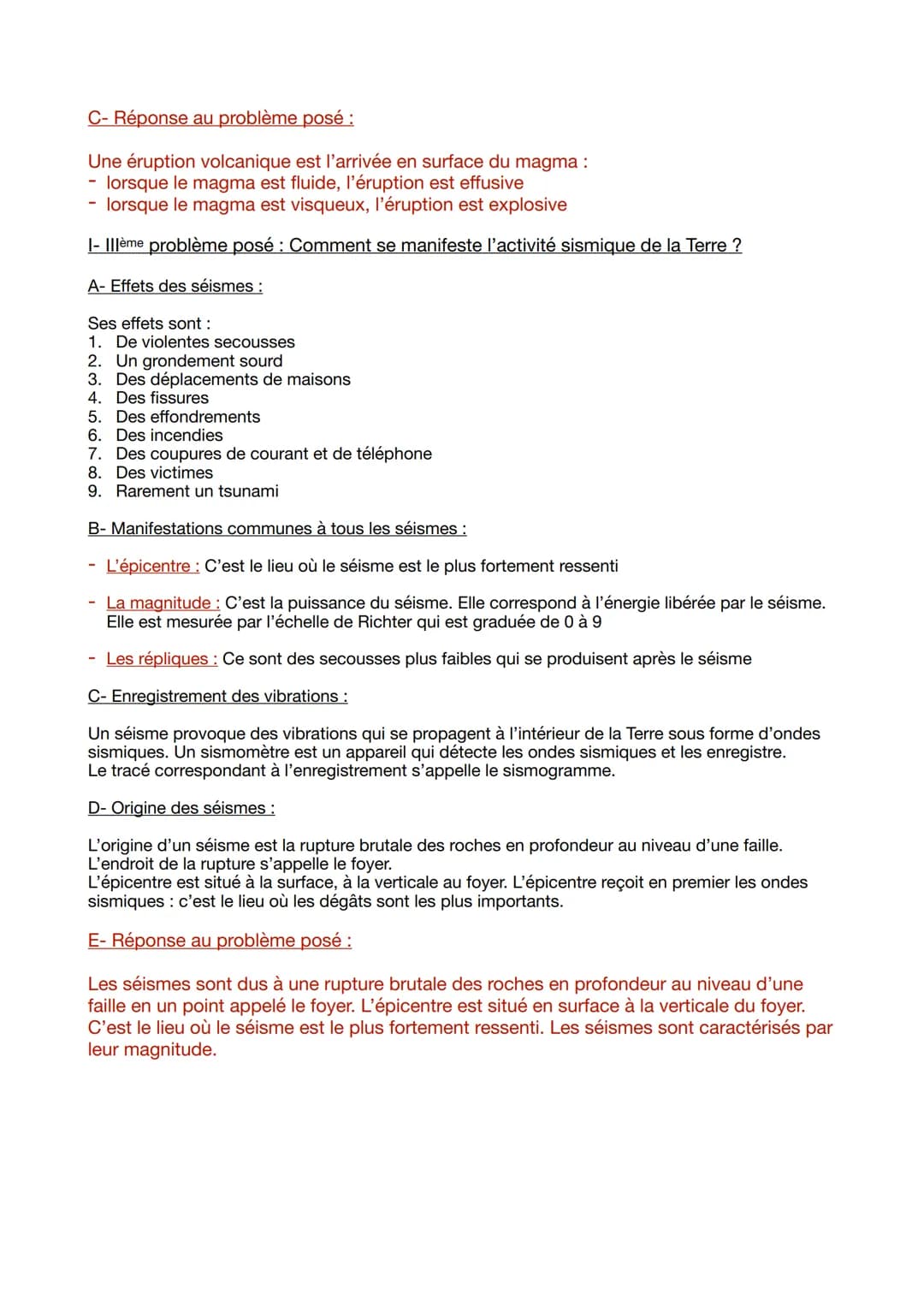 3ème partie : La Planète Terre, l'environnement et l'action humaine :
1er thème: La Terre, une planète active
I- ler problème posé : En quoi