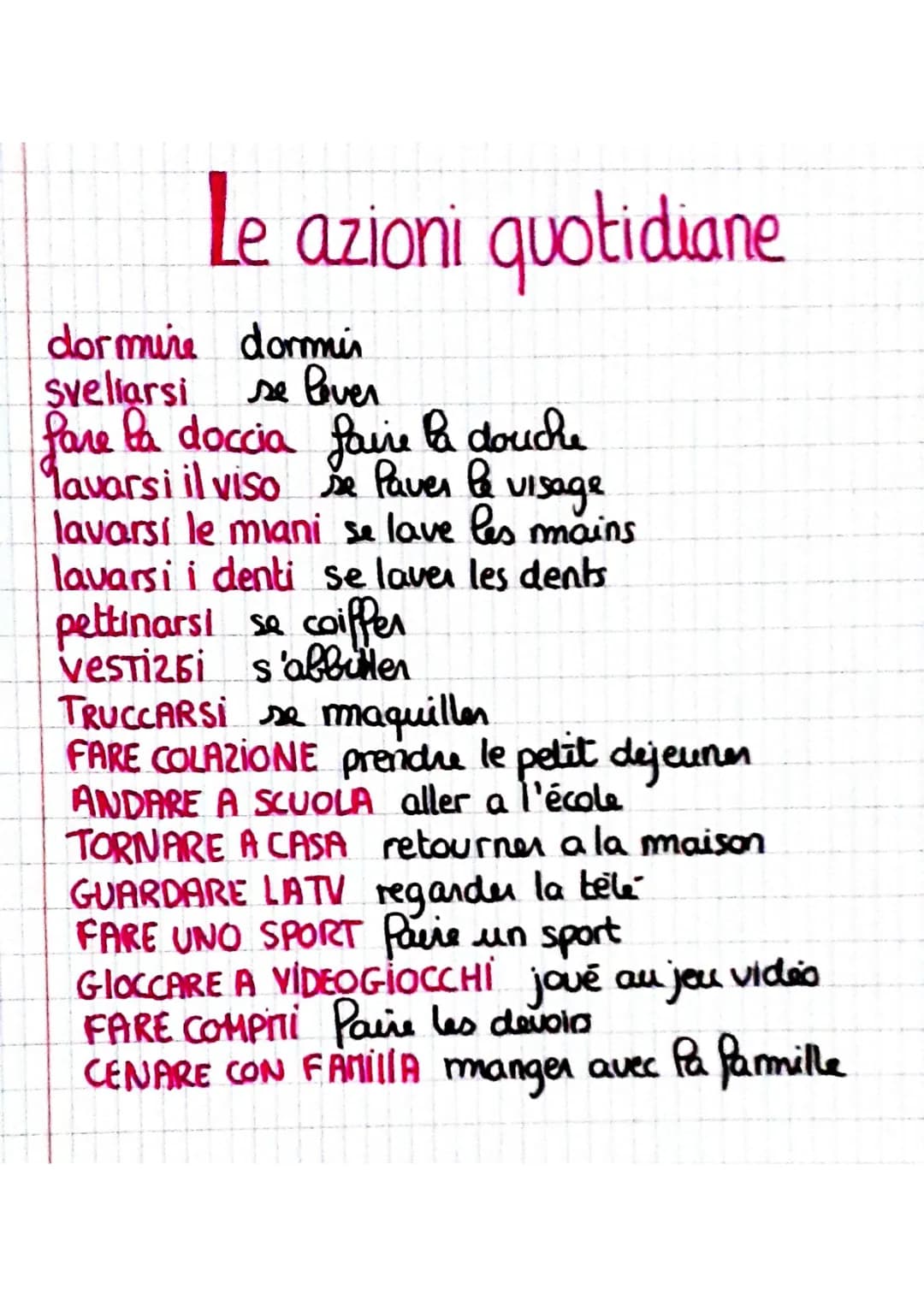 Le azioni quotidiane
dormire dormir
Sveliarsi
se lever
fare la doccia faire la douche
Tavarsi il viso se Paver le
visage
lavarsi le miani se