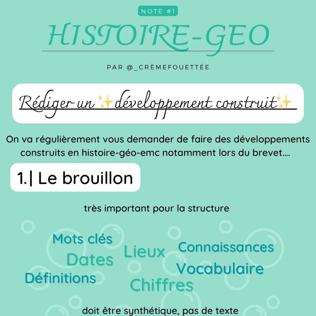 HISTOIRE-GEO
NOTE #1
PAR @ CRÈMEFOUETTÉE
Rédiger un développement construit
On va régulièrement vous demander de faire des développements
co