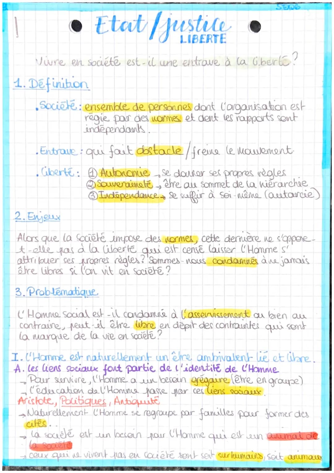• Etat / justice
Vivre en société est-il une entrave à la liberté ?
1. Definition
Société: ensemble de personnes dont l'organisation est
rég