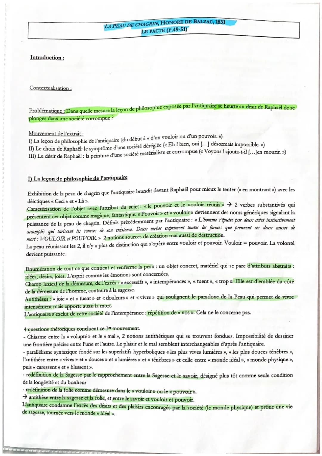 Introduction:
Contextualisation :
LA PEAU DE CHAGRIN, HONORE DE BALZAC, 1831
LE PACTE (P.49-51)
Problématique : Dans quelle mesure la leçon 