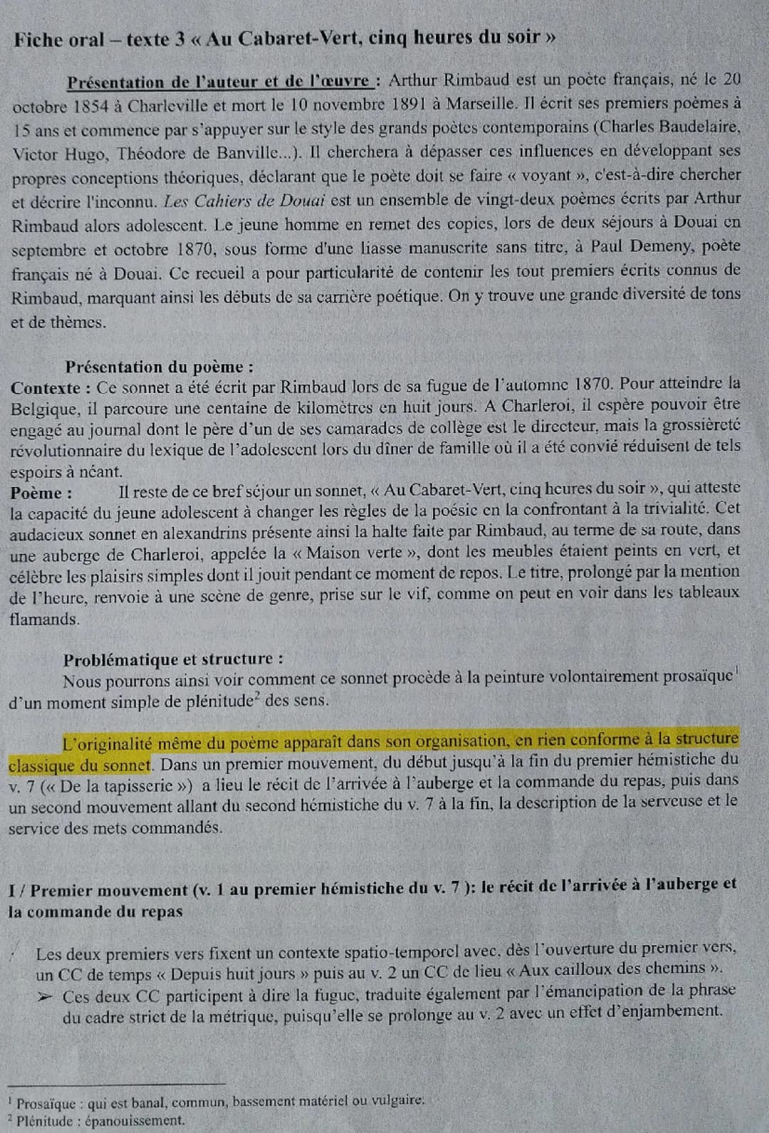 Analyse lineaire Rimbaud Au Cabaret Vert
