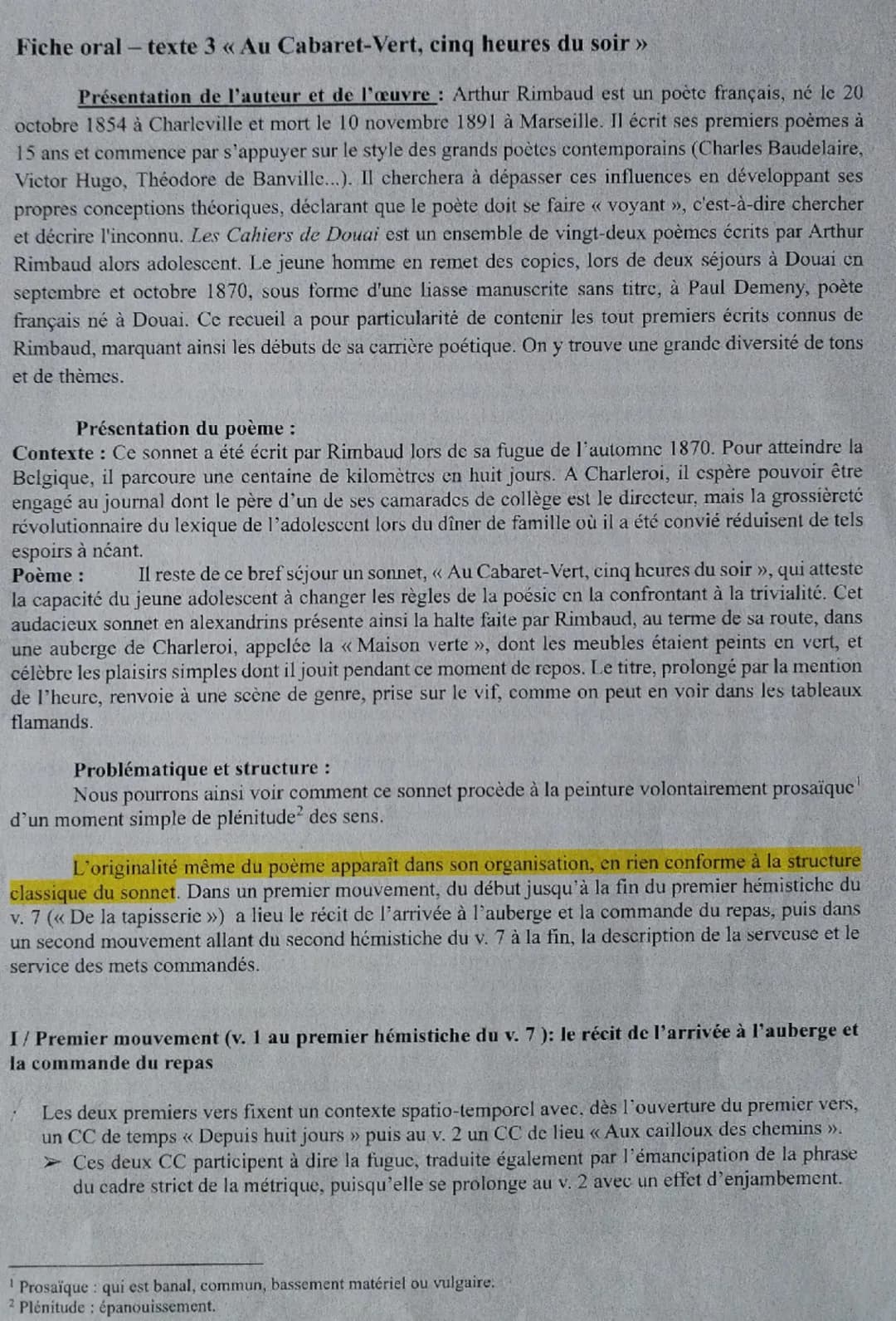 --- OCR Start ---
Fiche oral — texte 3 <<< Au Cabaret-Vert, cinq heures du soir >>>
Présentation de l'auteur et de l'œuvre: Arthur Rimbaud e