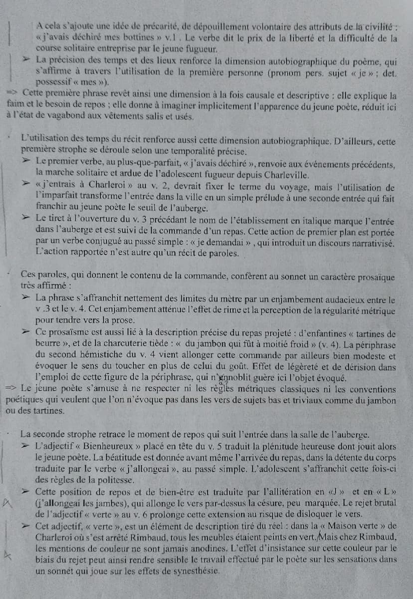 --- OCR Start ---
Fiche oral — texte 3 <<< Au Cabaret-Vert, cinq heures du soir >>>
Présentation de l'auteur et de l'œuvre: Arthur Rimbaud e