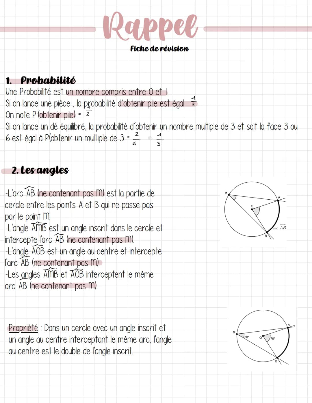 Rappel
Fiche de révision
1. Probabilité
Une Probabilité est un nombre compris entre 0 et 1
1
Si on lance une pièce, la probabilité d'obtenir