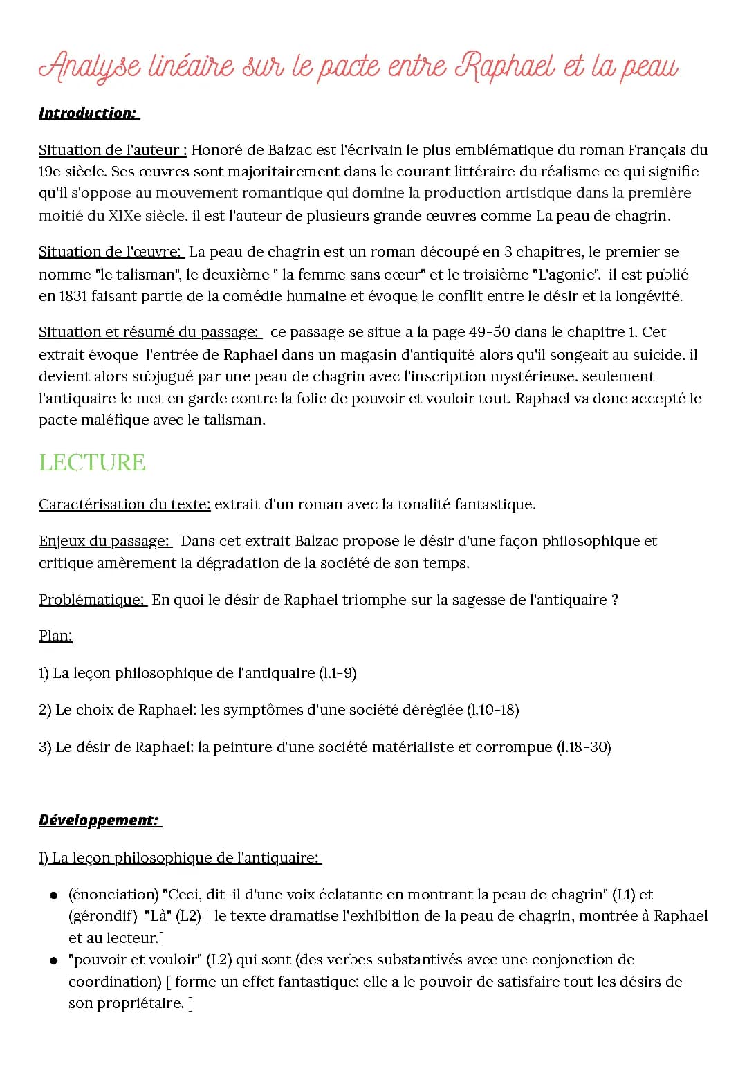 Analyse linéaire La Peau de chagrin - Chapitre 1 et le Pacte