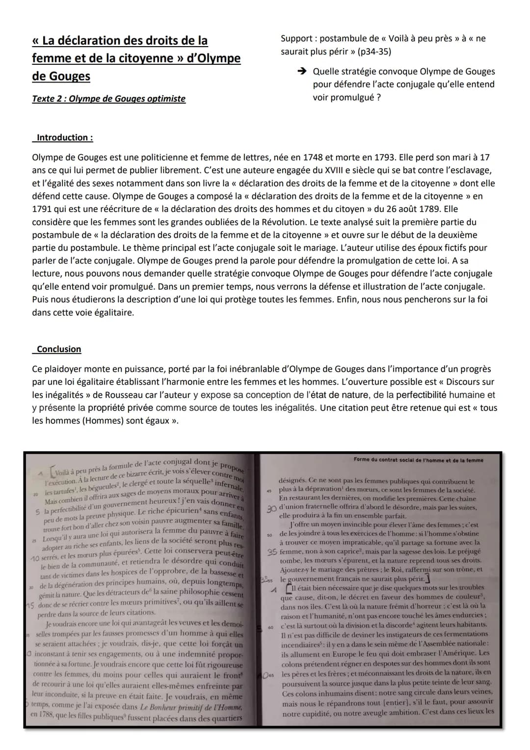 << La déclaration des droits de la
femme et de la citoyenne » d'Olympe
de Gouges
Texte 2: Olympe de Gouges optimiste
Introduction :
Olympe d