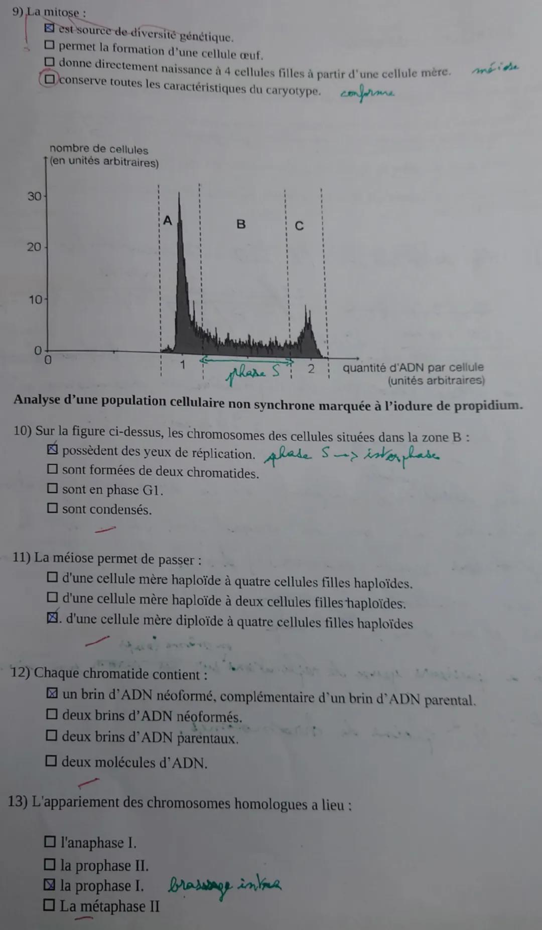EXERCICE N°1: (6.5 points) 5
QCM: (RAI, SAV)
Cocher la proposition exacte pour chaque question 1 à 13.
1) Au cours de l'interphase, la répli