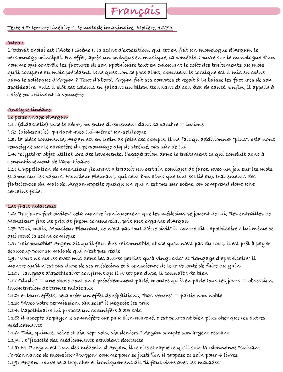 Lecture linéaire du Malade Imaginaire Acte 1 Scène 1 - PDF et Analyse