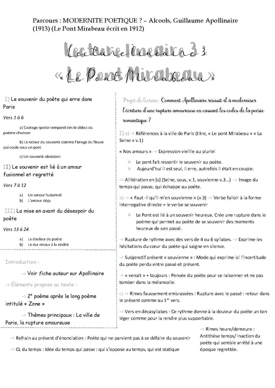 Analyse linéaire LE PONT MIRABEAU - Guillaume APOLLINAIRE 