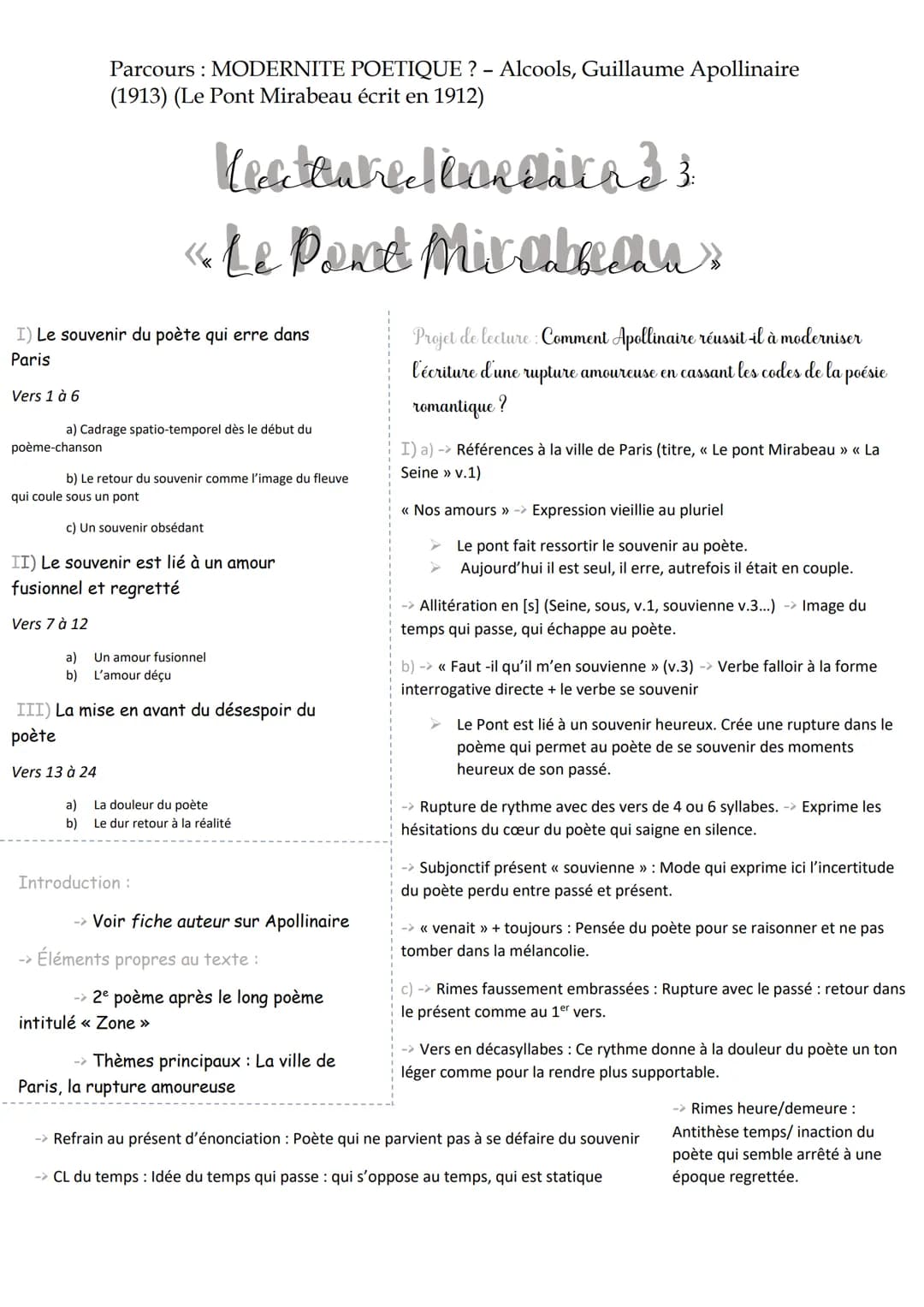 I) Le souvenir du poète qui erre dans
Paris
Vers 1 à
Parcours : MODERNITE POETIQUE? - Alcools, Guillaume Apollinaire
(1913) (Le Pont Mirabea