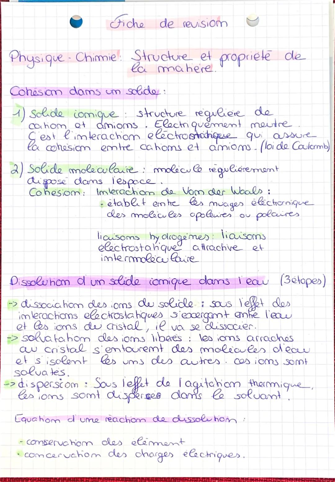 Fiche de revision
Physique- Chimie: Structure et propriété de
la mahere.
Cohesiam dams um solide:
1) solide comique
cation of
2) Solide mole