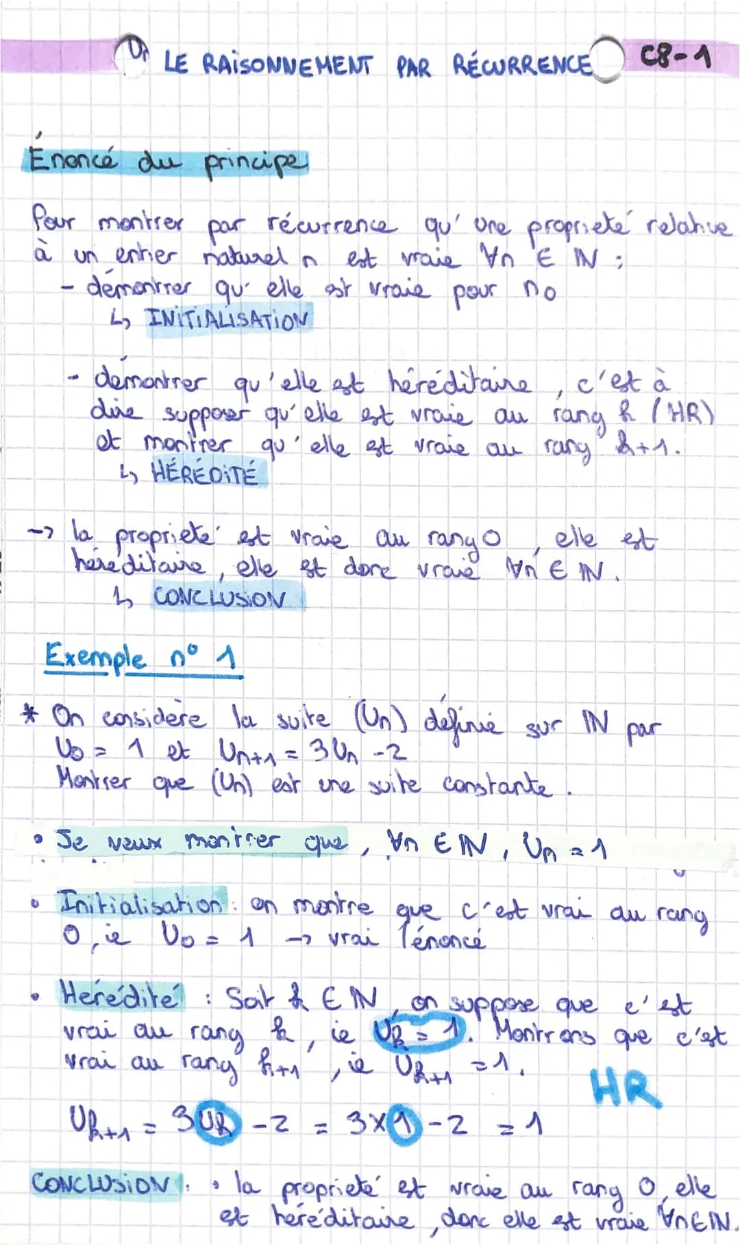 Enoncé du principe
Pour montrer
à
LE RAISONNEMENT PAR RÉCURRENCE C8-1
par récurrence qu'une proprieté relative
est mail to E IN
U
un
entier 