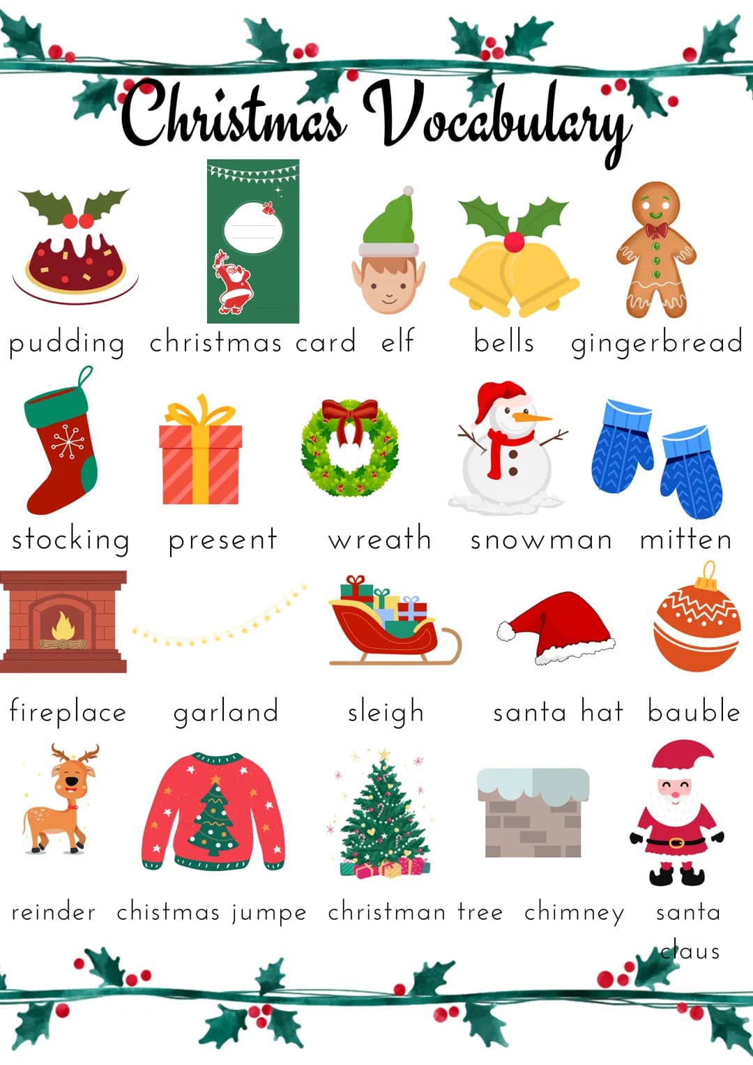 "Christmas Vocabulary
m
w
pudding christmas card elf bells gingerbread
stocking present wreath
fireplace garland
snowman mitten
sleigh santa