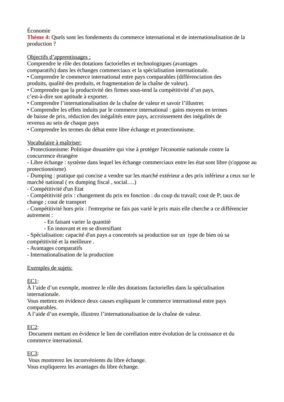 Économie
Thème 4: Quels sont les fondements du commerce international et de internationalisation de la
production ?
Objectifs d'apprentissag