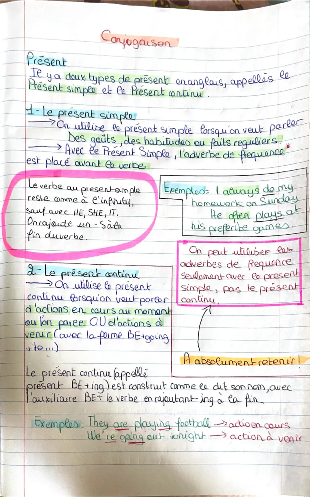 Présent
Conjugaison
Il y a deux types de présent en anglais, appelle's le
Présent simple et le Présent continu
1- Le présent simple.
parler
